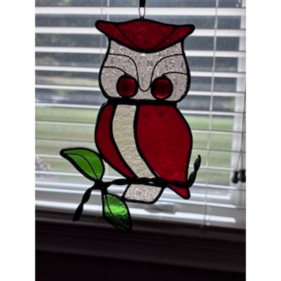 Vintage Owl Stained Glass Sun Catchers Red Silver Green 8"x5" Home Decor - Picture 4 of 8